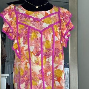 Entro Pink and Yellow Floral Blouse with Ruffle Sleeves